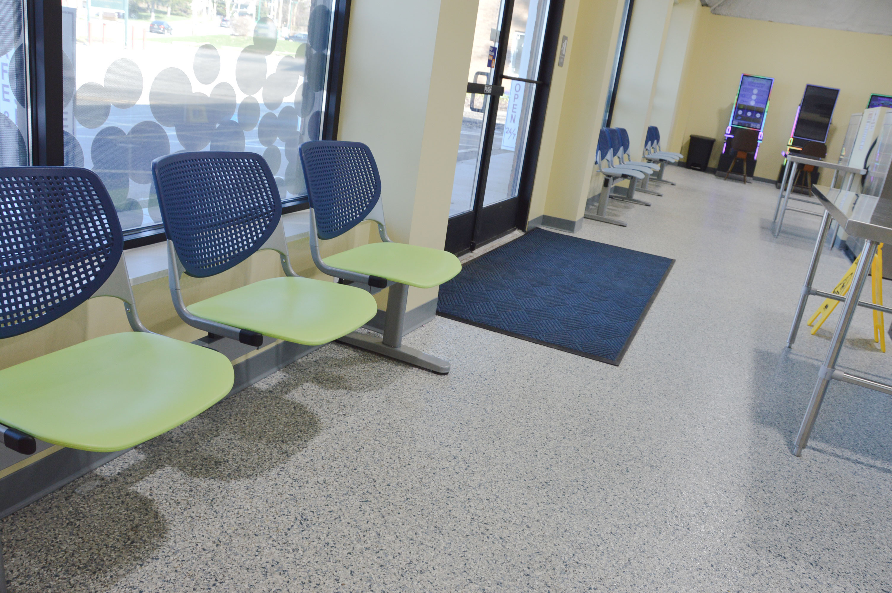Waiting area seating near the front windows